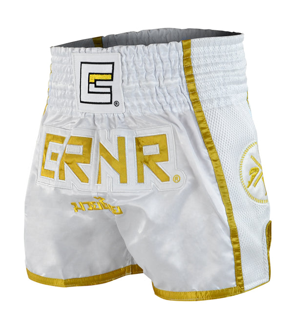 Combat Corner White/Gold CRNR Muay Thai Shorts-1